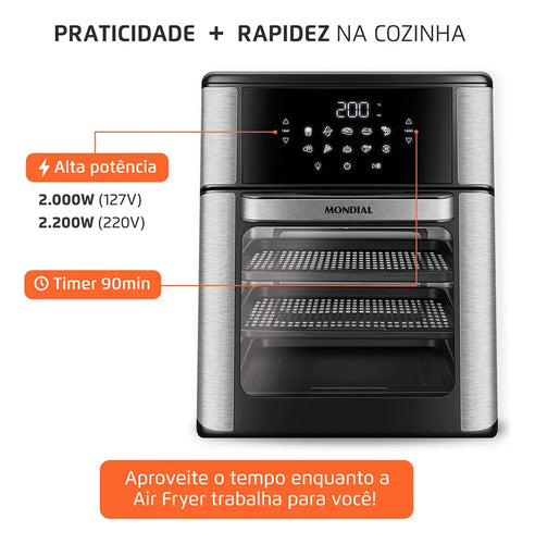 Imagem 6 de 8 de Air Fryer Forno 12L Afon-12l-gi 2000w Digital Mondial - Preto/Inox